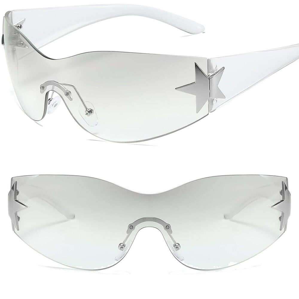 Women's Clear Silver Rimless Shield Star Futuristic Y2K Fashion Style Sunglasses